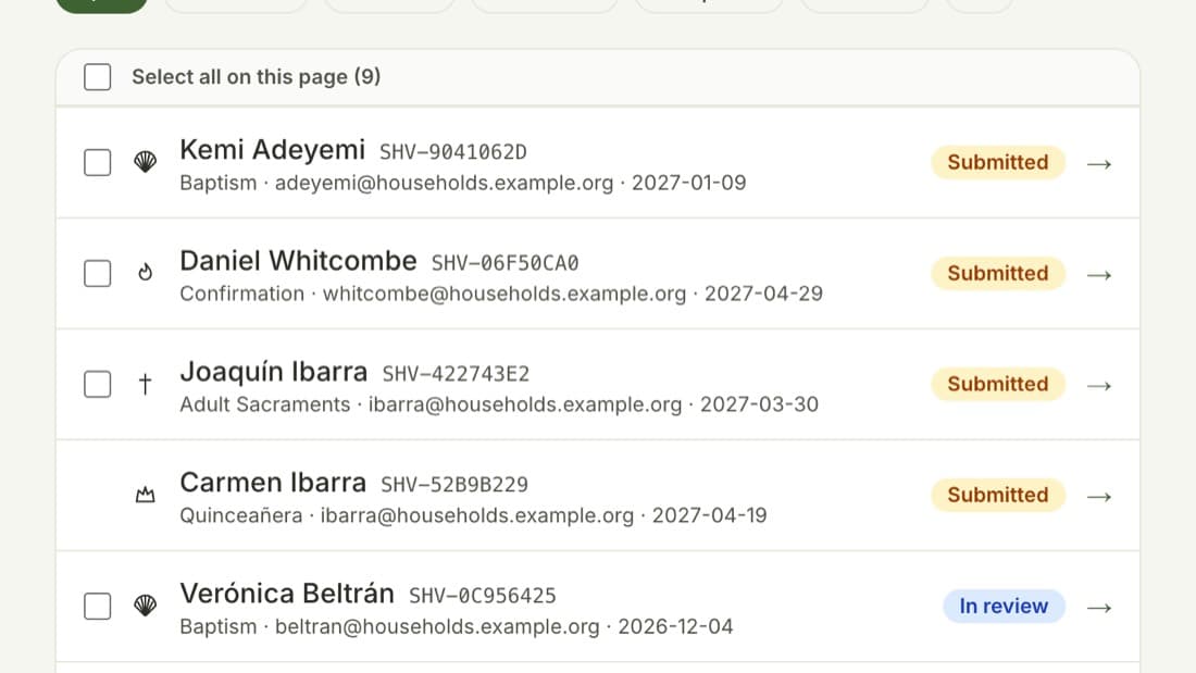 The back-office list of sacrament cases, each with its family, sacrament, date and status.