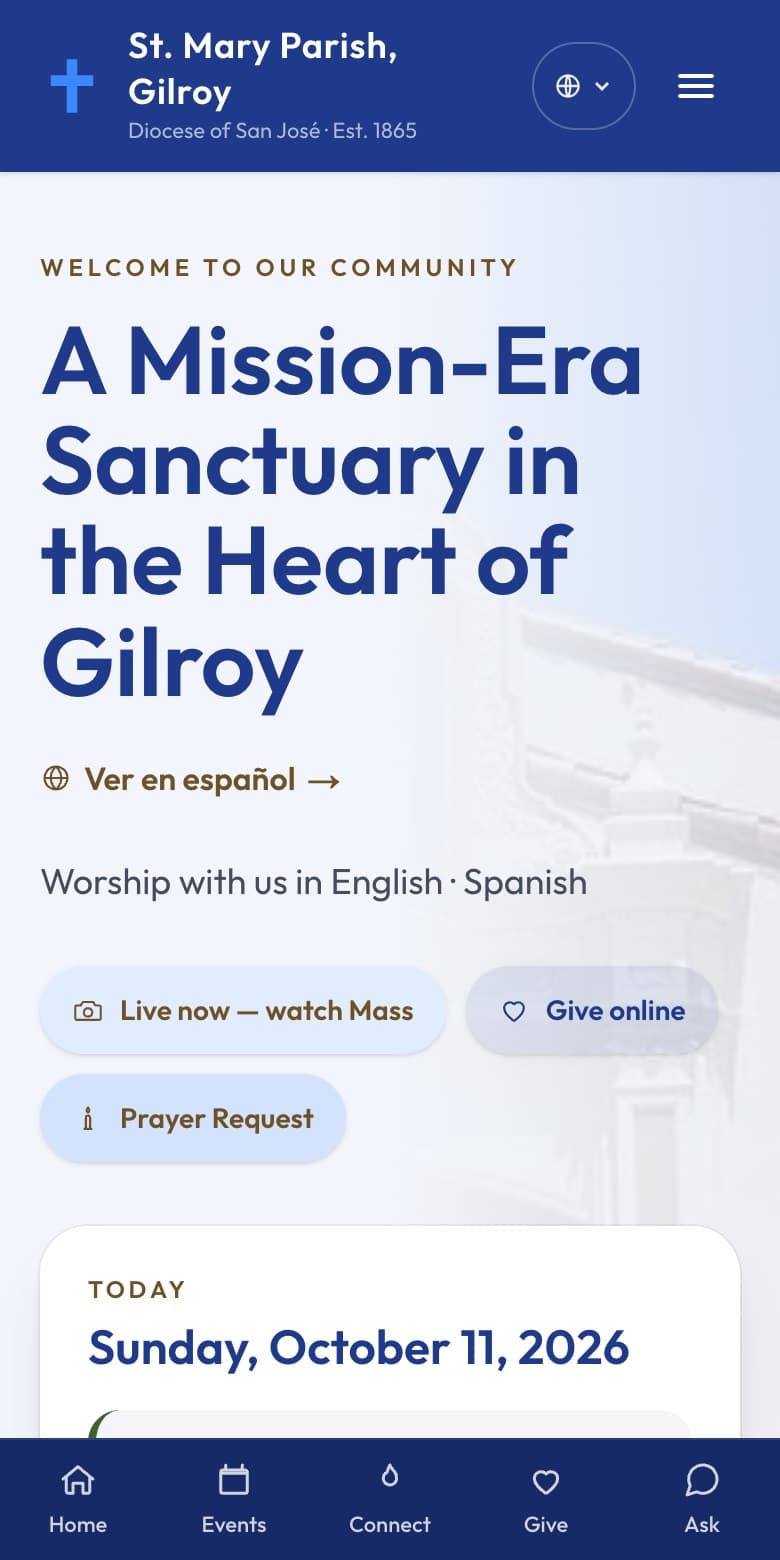 The St. Mary Parish home page on a phone, in English